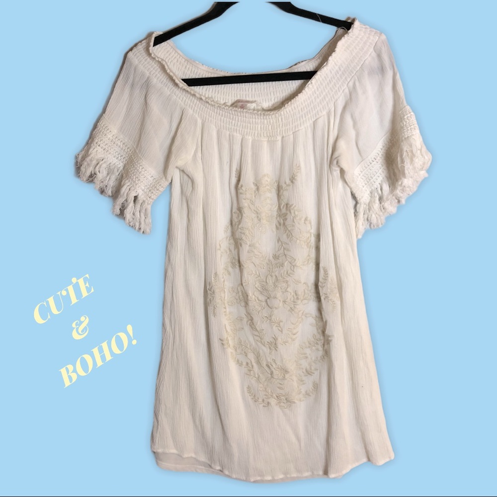Xhileration Embroidered White Peasant Dress